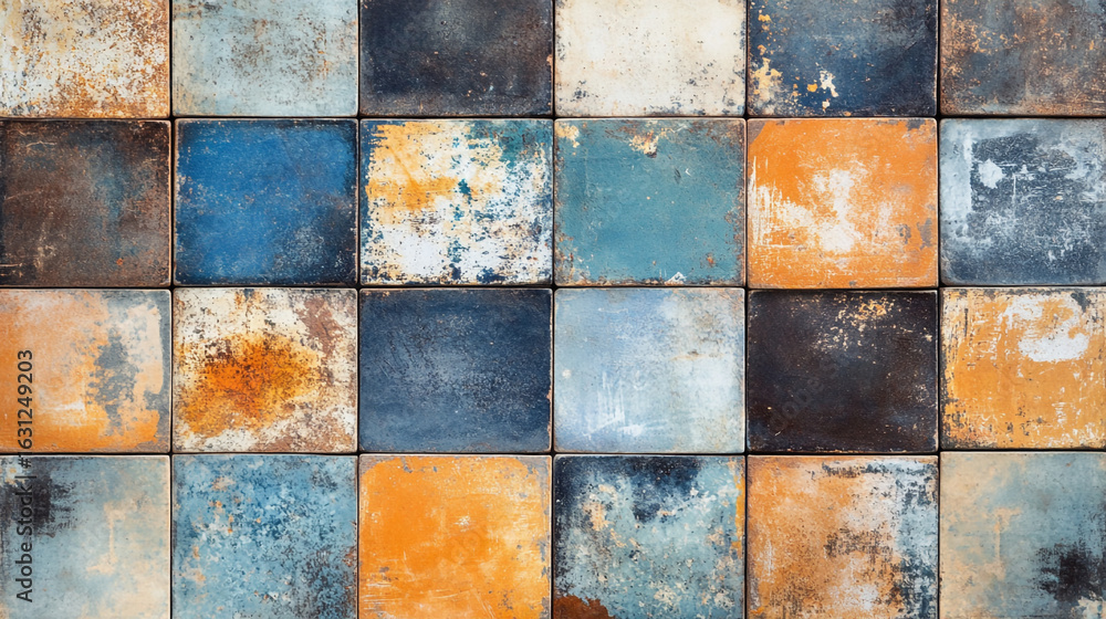 Poster colorful square tiles arranged in a grid pattern showing variations in blue orange and brown tones