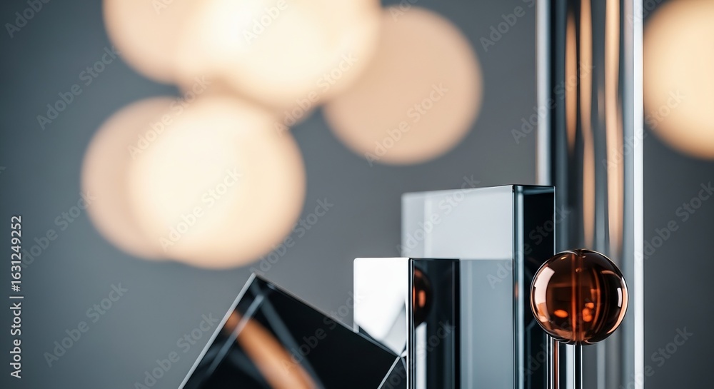 Poster abstract composition featuring geometric glass objects and a blurred background with circular light 