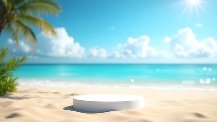 A serene tropical beach scene with a minimalist white podium or platform placed on middle