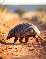 An armadillo walks along a dirt path in a natural outdoor setting.