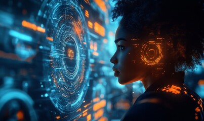 AI cybersecurity threat visualisation featuring African American female IT specialist analysing futuristic holographic data information. The scene includes blue and orange hues, Generative AI