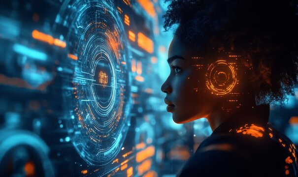 AI cybersecurity threat visualisation featuring African American female IT specialist analysing futuristic holographic data information. The scene includes blue and orange hues, Generative AI - Powered by Adobe