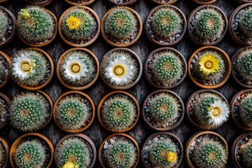 Succulents in small pots, arranged in a grid pattern.  White and yellow flowers