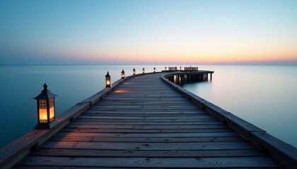 Obraz premium Winding Wooden Pier at Sunrise Lanterns Glowing Soft Pastel Sky Reflecting on Calm Ocean Serene Seascape