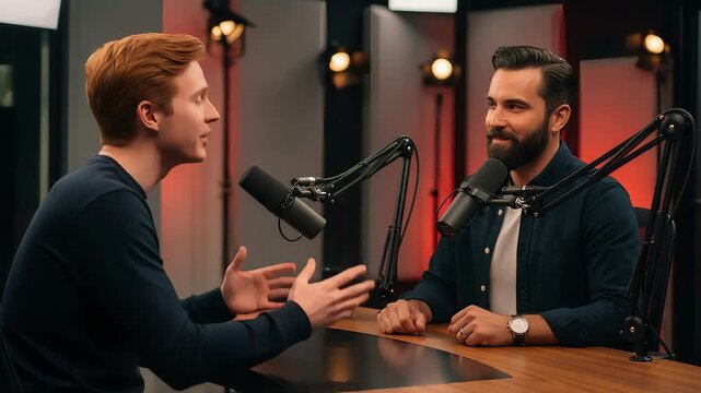 Two Men Podcast Interview in Red Lit Studio