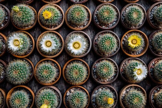 Succulents in small pots, arranged in a grid pattern.  White and yellow flowers