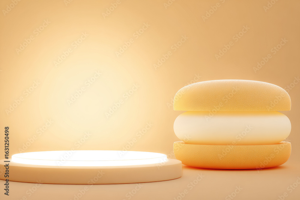 Poster glowing fast food item minimalist style blank background soft lighting modern abstract round shape y
