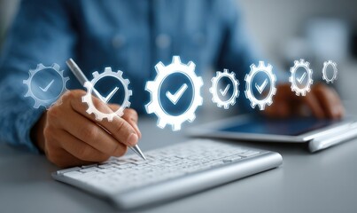 Person using tablet with overlayed checkmark gears