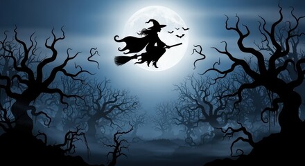 Fototapeta premium Enchanting Halloween Flight: A silhouetted witch on a broom soars across a moonlit sky, flanked by bare, eerie trees, setting a spooky and magical Halloween atmosphere.