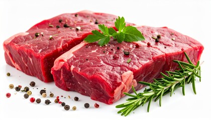 Two Raw Beef Steaks with Rosemary and Parsley Sprigs on White Background