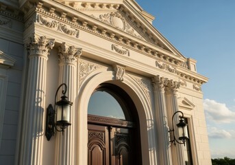 Obraz premium Detailed architectural facade featuring ornate columns and a grand archway entrance