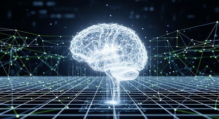 A glowing brain hologram with the letters AI inside it floats above a grid surrounded by connected nodes and lines, representing artificial intelligence and digital connectivity.