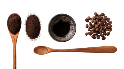 Coffee elements, including beans, ground coffee, and a cup, on a white isolated background.