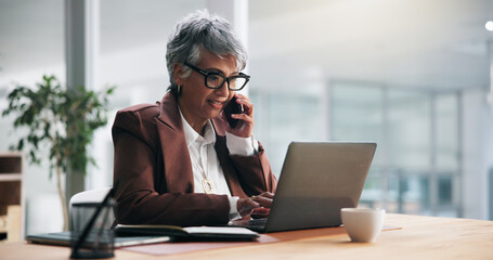 Business, phone call and woman in office, laptop and schedule for tax audit, internet and accounting. Mature person, financial agency and employee with computer, portfolio management and stock market