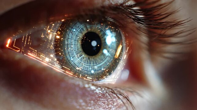 Bionic Vision: A close-up shot showcases a human eye transformed with cutting-edge bionic technology, reflecting the future of augmentation, blending organic and tech
