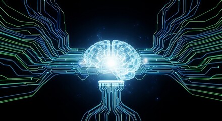 Artificial intelligence concept featuring a glowing brain connected to circuit boards, symbolizing technology, machine learning, innovation, and the future of neurological research.