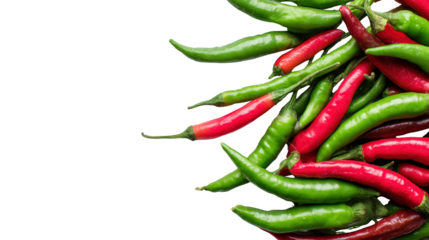 Colorful assortment of fresh red and green chili peppers on white isolated background.