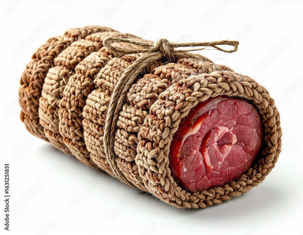 Poster smoked pork roll wrapped in knitted pattern on white background with string tie