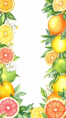 Watercolor Citrus Fruit Border with Lemons Grapefruits and Green Leaves on a White Background