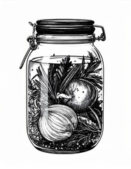 Pickled Onions and Herbs in a Canning Jar Black and White Illustration Vintage Style