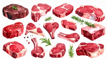 Isolated Assortment of Raw Fresh Red Beef Meat Cuts with Herbs on White Backdrop