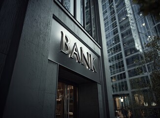 Obraz premium Urban bank facade at twilight. Modern, metallic sign. Cityscape background