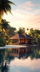 Tropical beach hut at sunset, reflected in calm water. Palm trees frame the scene