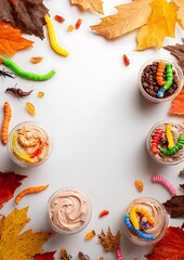 Halloween worms in dirt dessert flat lay, pudding cups with gummy worms, autumn leaves and candy scattered, large clean space in center for text