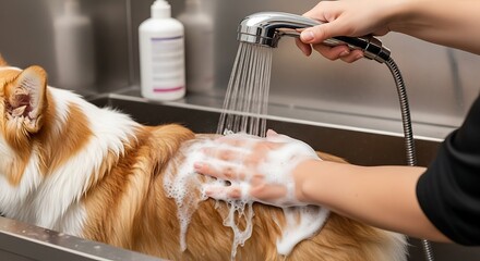 Cheerful Dog Bathing Experience: A Close-Up of a Person Washing a Golden Fluffy Dog in a Modern Pet Grooming Station with Bubbling Shampoo and Warm Water Under Bright Lighting