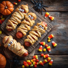 Fun halloween snack scene, puff pastry mummy hot dogs on rustic wooden table, candy scattered around, blank background for overlay text