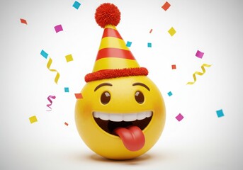 Happy emoji with party hat and confetti
