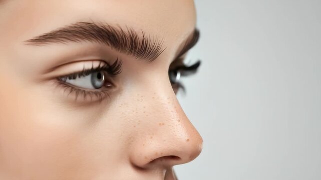 Close-up shot showcases left side woman's face. main focal point is her striking eye, with delicate lashes, neatly shaped eyebrow. Her skin appears smooth, even-toned.