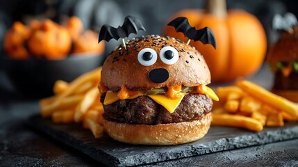 Monster burger close-up, halloween party food with spooky face decorations, pumpkins and fries nearby, blank space for writing
