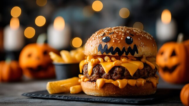Monster burger close-up, halloween party food with spooky face decorations, pumpkins and fries nearby, blank space for writing