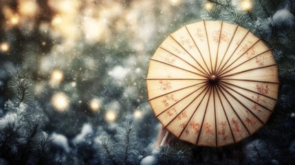 Enchanting Winter's Embrace: A Delicate Floral Parasol Under a Snow-Kissed Pine