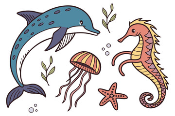 A colorful cartoon vector illustration set of sea animals like fish, octopus, and jellyfish in a tropical underwater collection