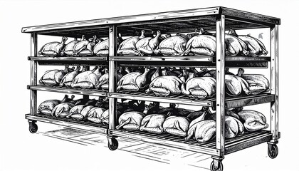 Metal Shelving Rack with Multiple Loaves of Fresh Bread in a Black and White Illustration