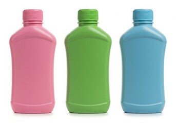 Three colorful plastic bottles in a row against a white background