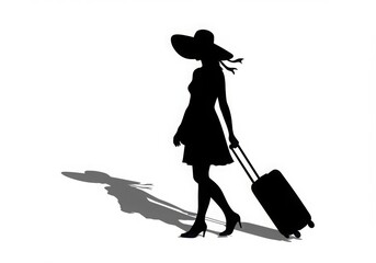 Fototapeta premium Silhouette of a stylish woman with a suitcase and hat