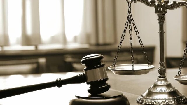 Vintage sepia shows gavel, scales justice on surface. gavel rests on its base, near scales, creating scene invoking law, order, judicial system.