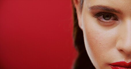 Banner, makeup and portrait of woman on red background for advertising beauty or cosmetology. Eye,...