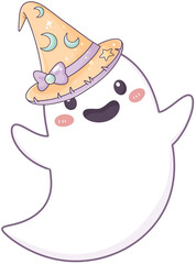A cute ghost character wearing a whimsical hat adorned with stars and moons, featuring a cheerful expression and blush on its cheeks.