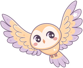 A cute, cartoon-style owl with large expressive eyes and colorful wings, depicted in a playful flying pose.