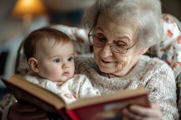 Happy elderly grandmother in a wheelchair reading a book to her toddler grandchild outdoors in a sunny garden. The image represents multigenerational family happiness, bonding, Generative AI