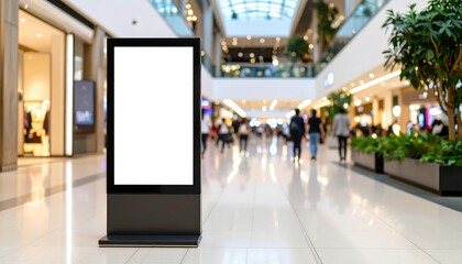 Blank digital sign in a bright, modern shopping mall