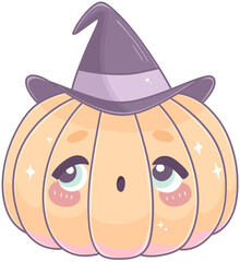 A cute, cartoon-style pumpkin wearing a witch's hat, featuring large expressive eyes and a cheerful expression.