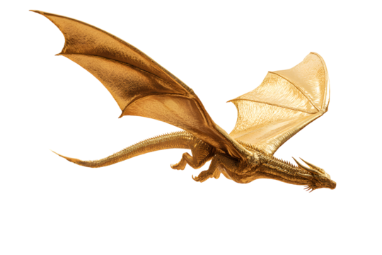 A golden dragon with shimmering scales and majestic wings flying isolated on transparent background