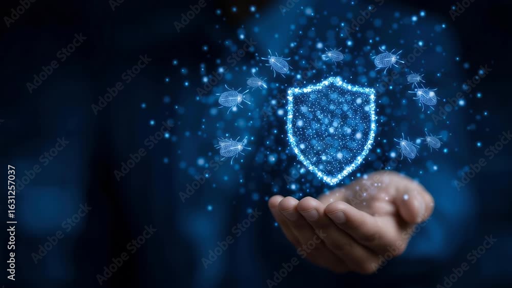 Poster digital shield symbolizing protection against cyber threats with glowing particles and insects in cy