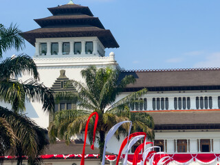 Close-up shot of Gedung Sate or Satay Building during the day in Bandung, West Java, Indonesia.