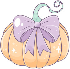 A whimsical pumpkin adorned with a pastel bow, featuring soft curves and a shiny surface that adds a playful charm.